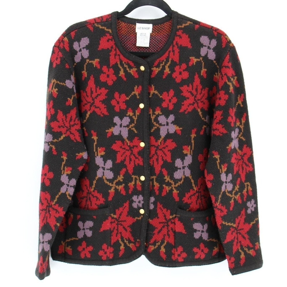 Vintage 80s Liz Baker $148 Medium Black Red Floral Gold Cardigan Hong Kong
